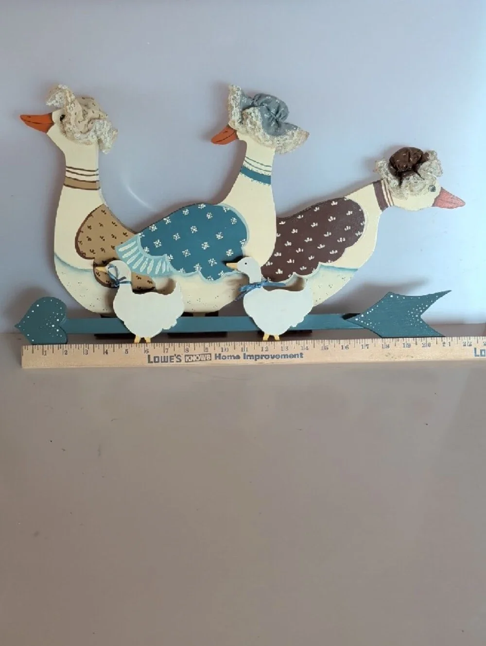 2 Wooden Decorative Ducks / Geese Wall Decor, Blue, Brown and Tan.
